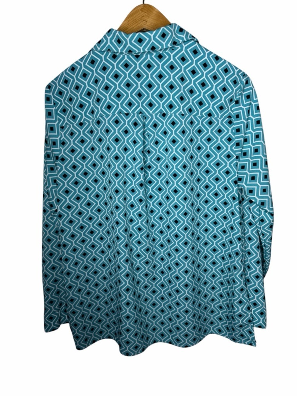 Kim Rogers Women 1X Teal Geometric Print Button Front Stretch Blouse Top - Picture 2 of 4